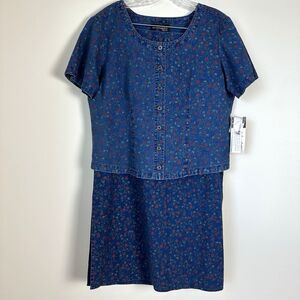 Vintage Requirements Skirt Set Womens Large Petites Blue Floral Denim Linen 90s